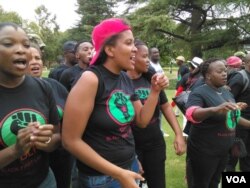 Black First Land First activists gather in Pretoria, South Africa, to demand that land be given to black South Africans as compensation for colonial-era land seizures, in February 2017. (A. Powell/VOA)