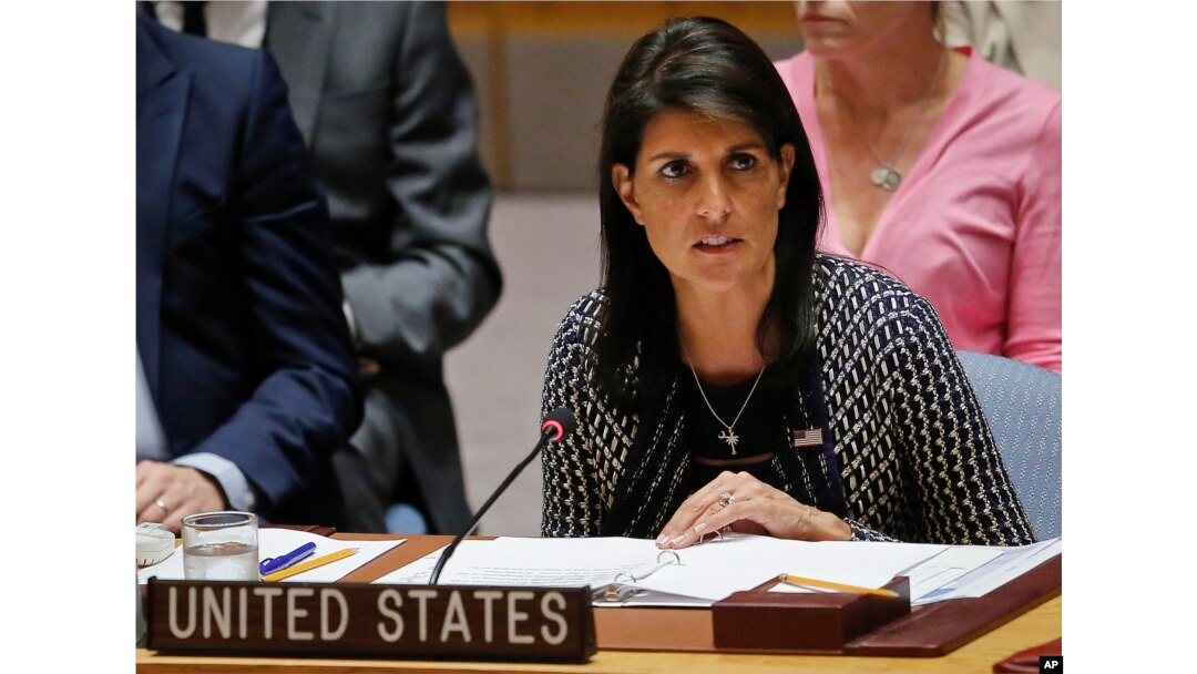 United Nations Ambassador from U.S. Nikki Haley address U.N. Security Council meeting on Myanmar's Rohingya crisis, Sept. 28, 2017 at U.N. headquarters.