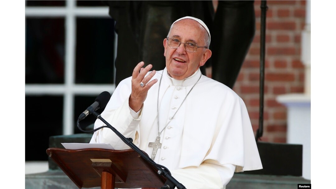 FILE - Pope Francis delivers remarks in front of Independence Hall in Philadelphia.