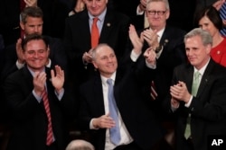 FILE - Rep. Steve Scalise, R-La., acknowledges President Donald Trump's introduction during the State of the Union address to a joint session of Congress on Capitol Hill in Washington, Jan. 30, 2018.