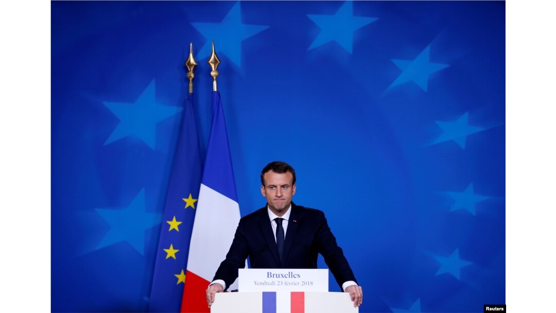 French President Emmanuel Macron addresses a news conference during European Union leaders informal summit in Brussels, Belgium, Feb. 23, 2018.