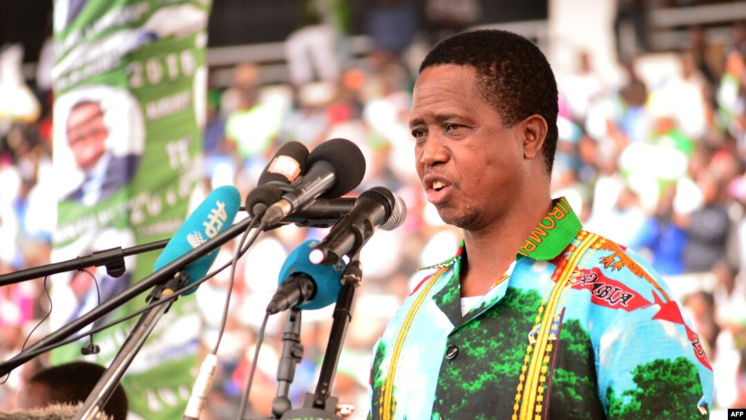 FILE - Incumbent Zambian President Edgar Lungu addresses tens of thousands of supporters on May 21, 2016, at the Heroes Stadium in Lusaka as he launches his re-election campaign.