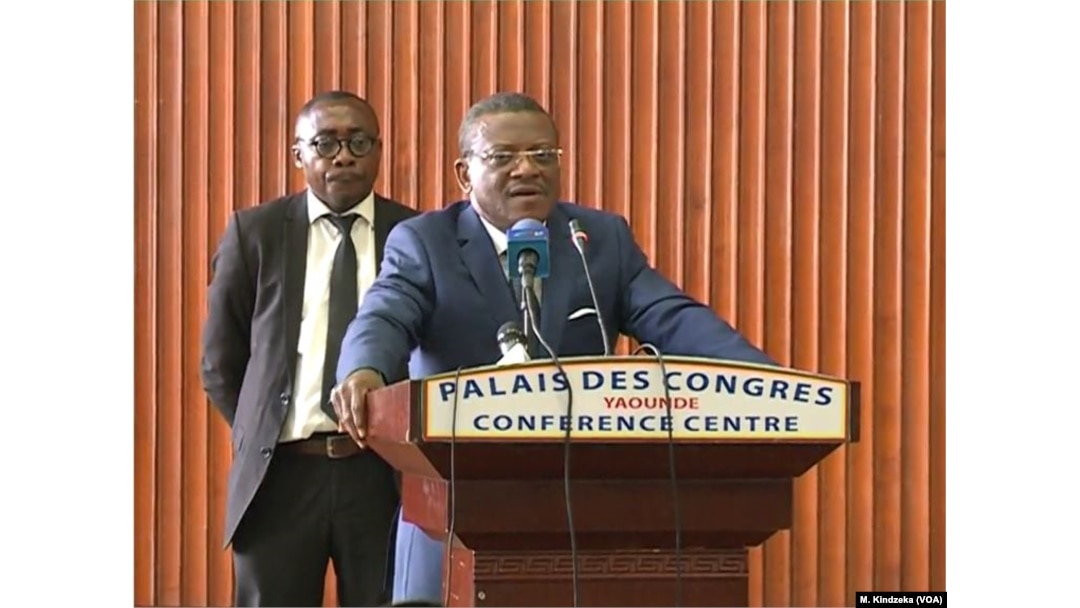 Cameroon Prime Minister Joseph Dion Ngute adresses English-speaking women in Yaounde, Cameroon, April 18, 2019.