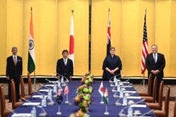 印度外長蘇杰生、日本外相茂木敏充、澳大利亞外長佩恩和美國國務卿蓬佩奧在東京舉行四方會談。 （2020年10月6日）