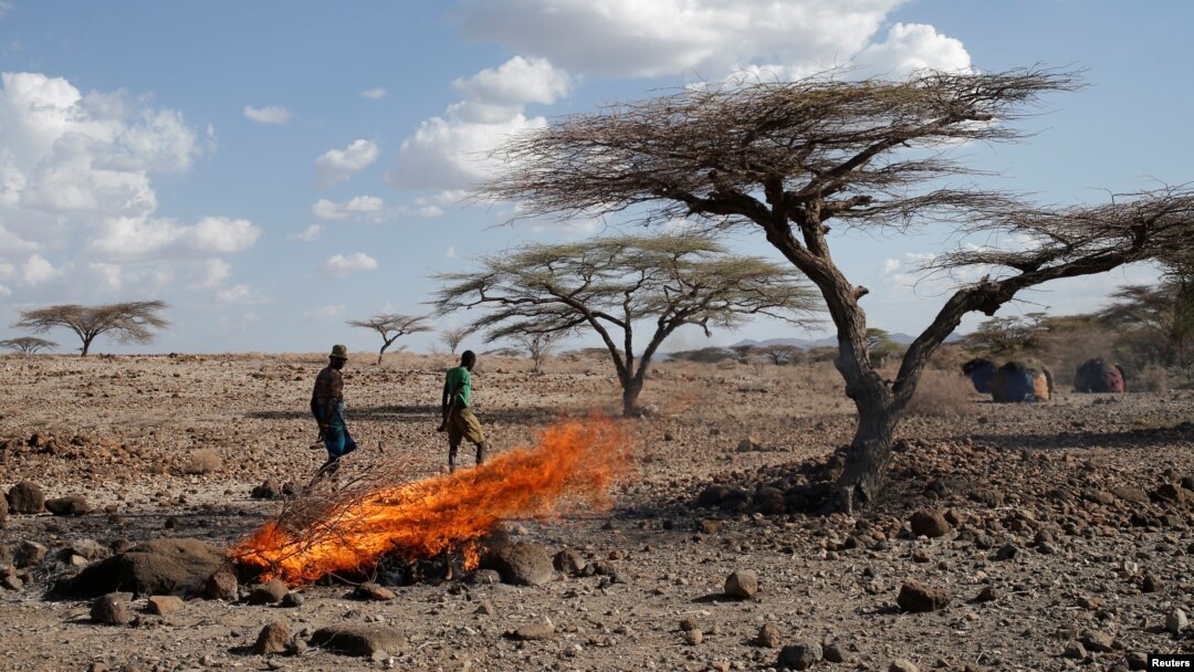 A Turkana tribesman walks in front of burned goats' carcasses in a village near Loiyangalani, Kenya, March 20, 2017. 