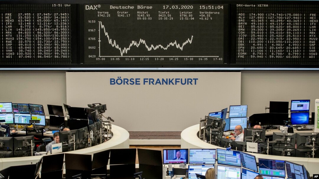 FILE - The curve of the German stock index DAX is seen at the stock market in Frankfurt, Germany, March 17, 2020.