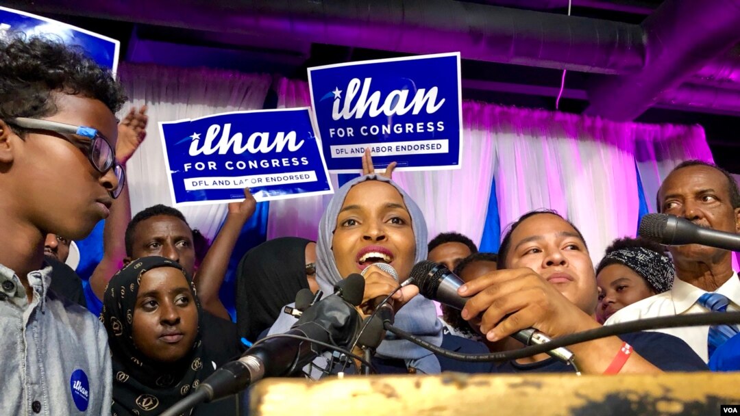Ilhan Omar addresses supporters after her historic primary election victory to represent Minnesota's 5th District in the U.S. Congress in Minneapolis, Aug. 14, 2018.