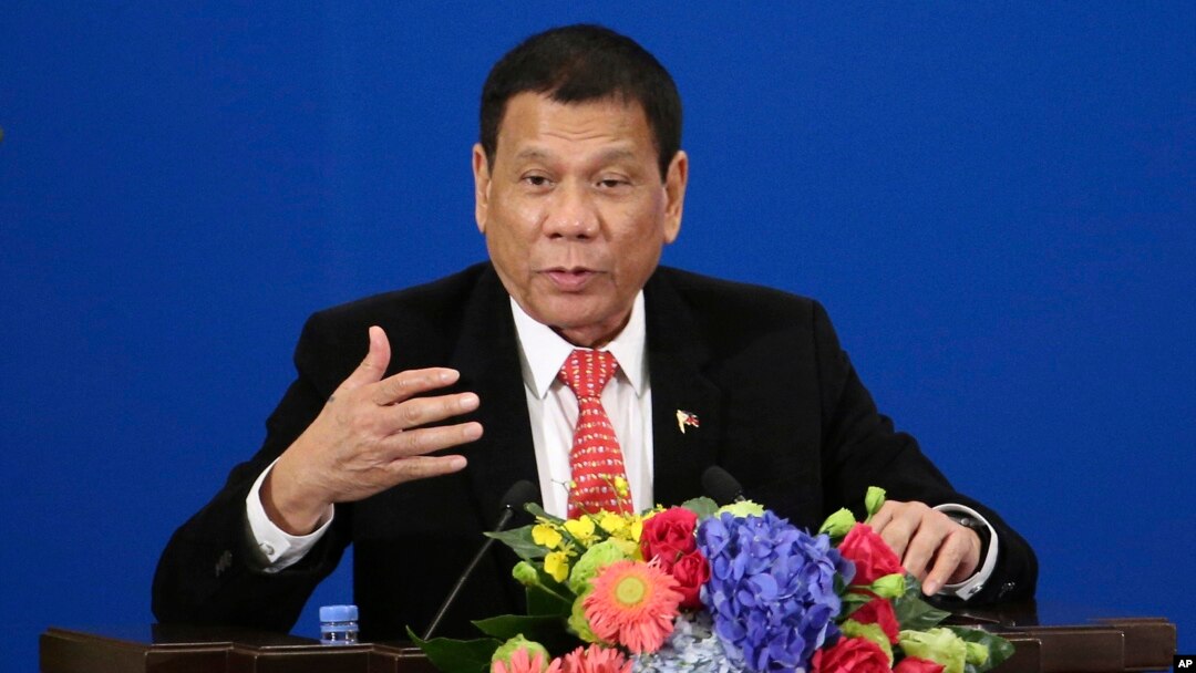 Philippine President Rodrigo Duterte delivers a speech during the Philippines-China Trade and Investment Forum at the Great Hall of the People in Beijing, Oct. 20, 2016. 