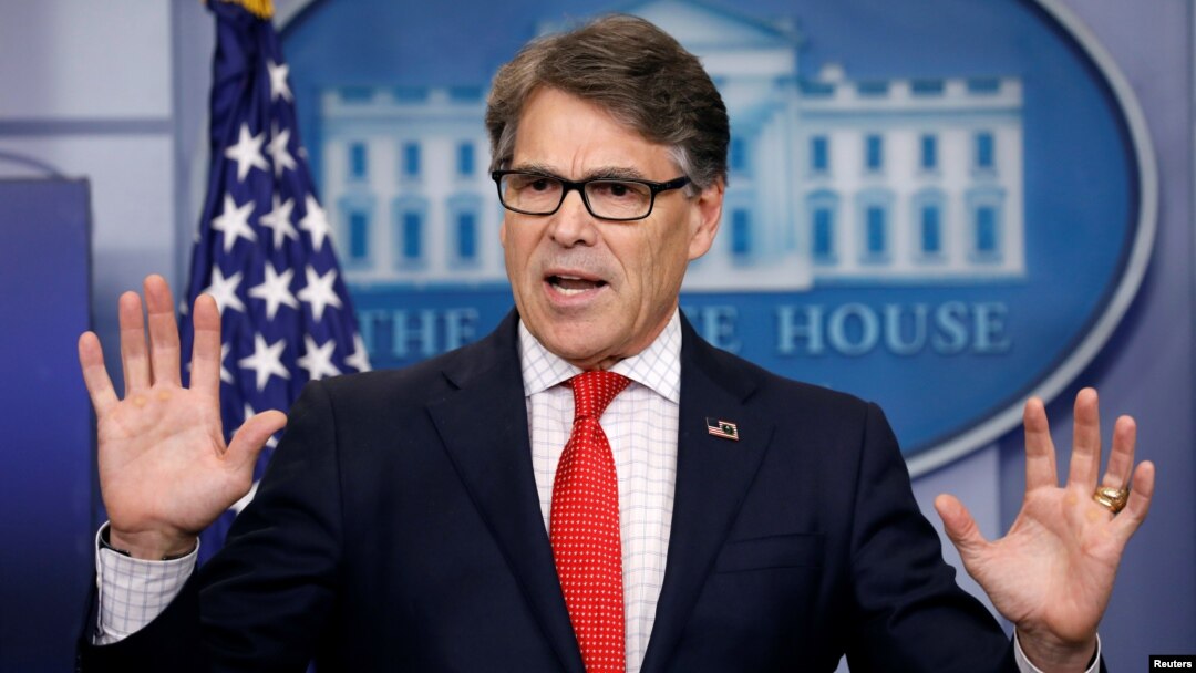 FILE - U.S. Energy Secretary Rick Perry speaks to reporters during a briefing at the White House in Washington.