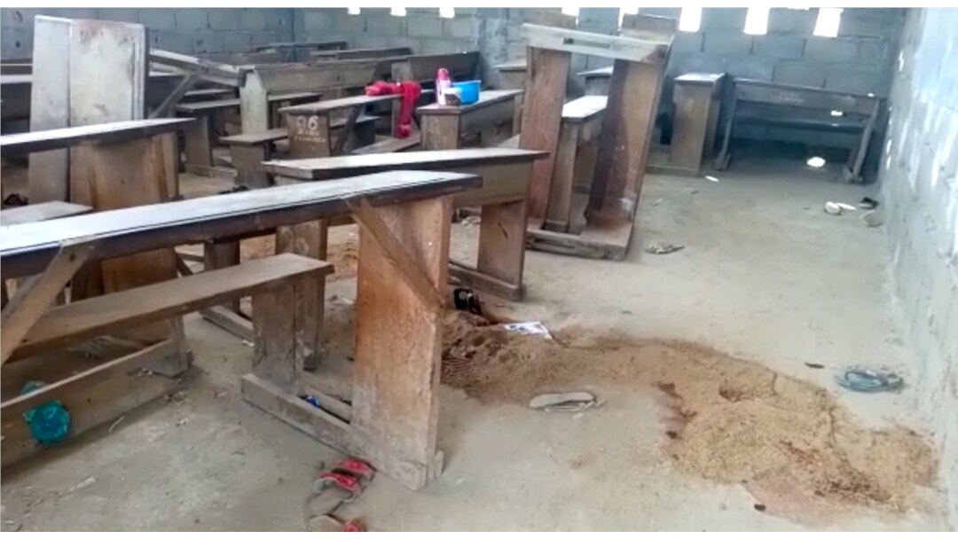 An empty classroom is seen following a shooting at a school in Kumba, Cameroon, Oct. 24, 2020, in this screen grab obtained from a social media video.