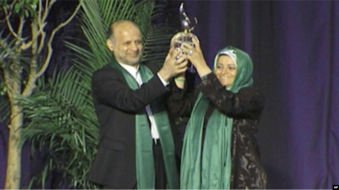 Iranian opposition activist Akbar Ganji accepts the Milton Friedman Award for Advancing Liberty