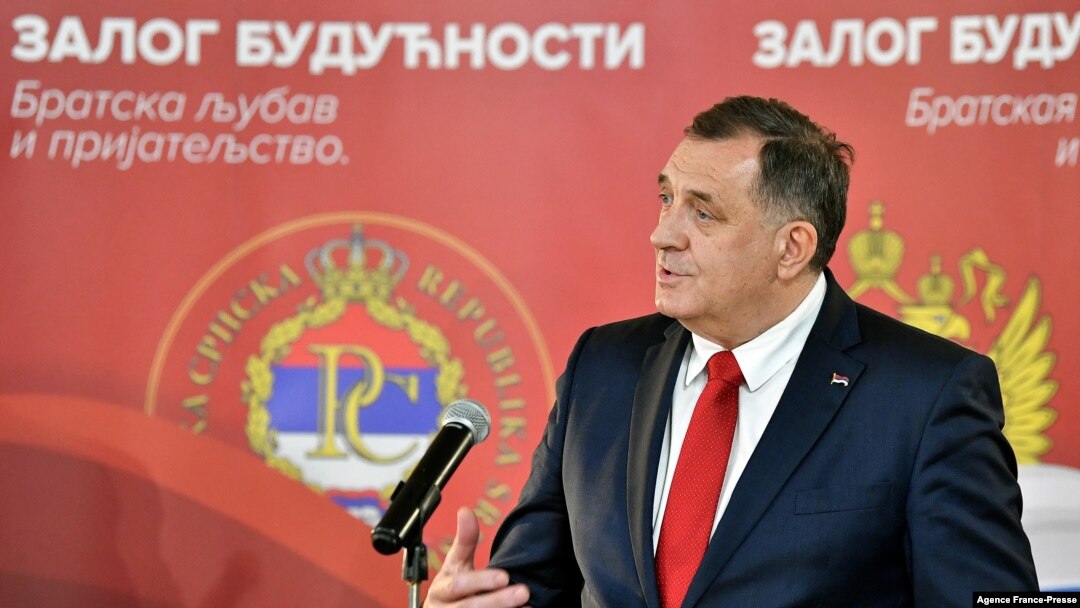 FILE - Chairman of Bosnia and Herzegovina's tripartite presidency Milorad Dodik addresses journalists after meeting with Russian Foreign Minister Sergey Lavrov, not pictured, in East-Sarajevo, Dec. 14, 2020. 