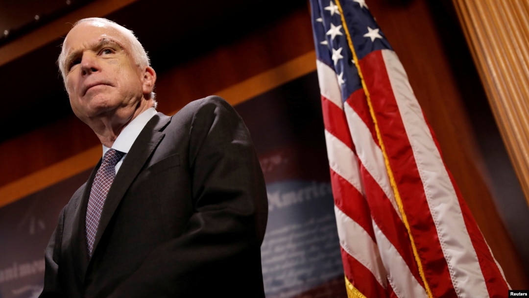 FILE - Senator John McCain (R-Az.) looks on during a press conference about his resistance to the so-called "Skinny Repeal" of the Affordable Care Act on Capitol Hill in Washington, July 27, 2017.