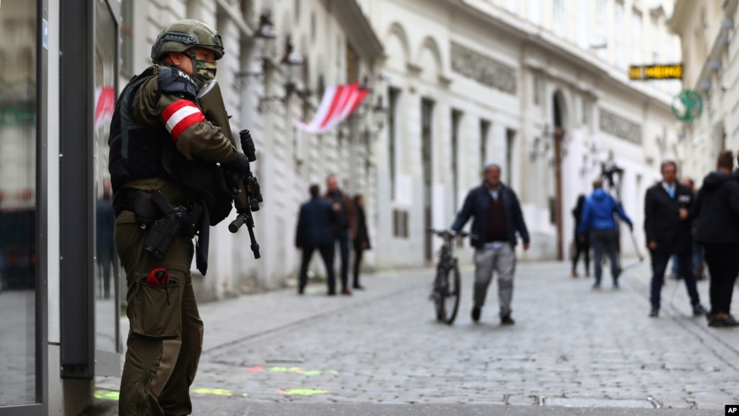 A military police officer stands guard near the scene of a terrorist attack in Vienna, Austria, Nov. 4, 2020. 