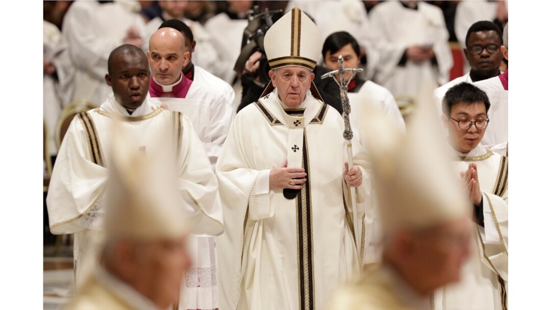Pope Francis leaves at the end of an Epiphany Mass in St. Peter's Basilica at the Vatican, Jan. 6, 2020.