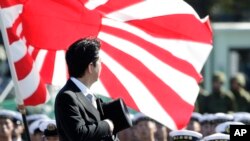 首相安倍晉三“自衛隊日”在東京以北的朝霞駐屯地檢閱自衛隊。（2013年10月27日）