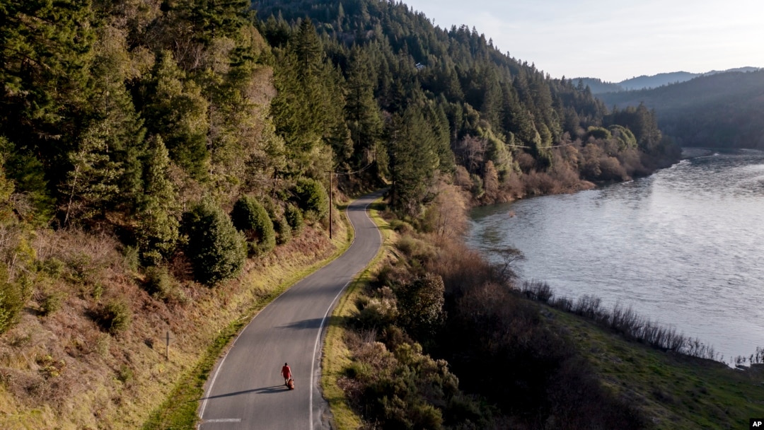 In this aerial image taken from a drone, a pedestrian walks near End of Road on Jan. 19, 2022, where Emmilee Risling was last seen before going missing in October 2021, in Klamath, Calif.