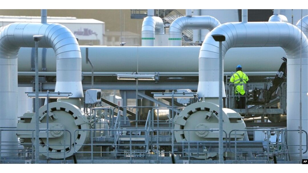 FILE - Pipes at the landfall facilities of the Nord Stream 2 gas pipline are pictured in Lubmin, northern Germany, Feb. 15, 2022.
