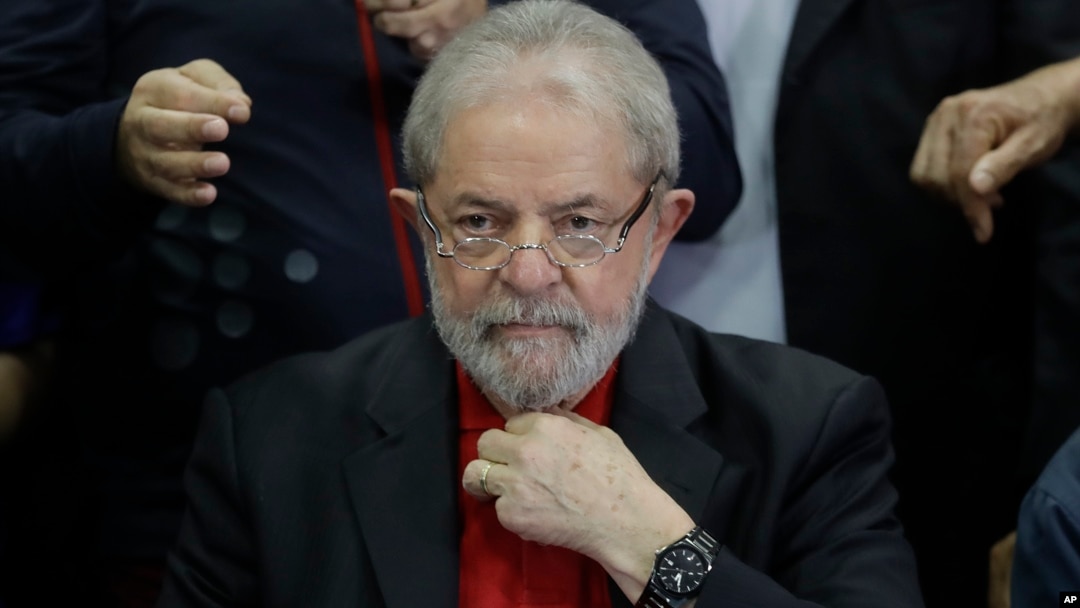 FILE - In this July 13, 2017, photo, former Brazilian President Luiz Inacio Lula da Silva prepares to speak to the press and supporters at the headquarters of the Worker's Party, in Sao Paulo, Brazil.
