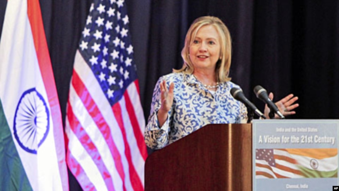 U.S. Secretary of State Hillary Clinton gives a lecture at the Anna Centenary Library in the southern Indian city of Chennai, July 20, 2011