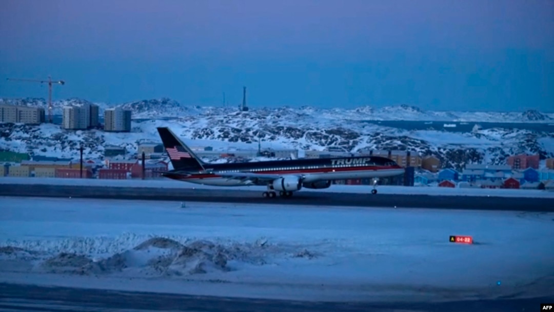 This photo taken from video on Jan. 7, 2025, shows an aircraft said to be carrying U.S. President-elect Donald Trump's son Donald Trump Jr. as it arrives in Nuuk, Greenland. (Mads Madsen Arctic Creative/Ritzau Scanpix via AFP)