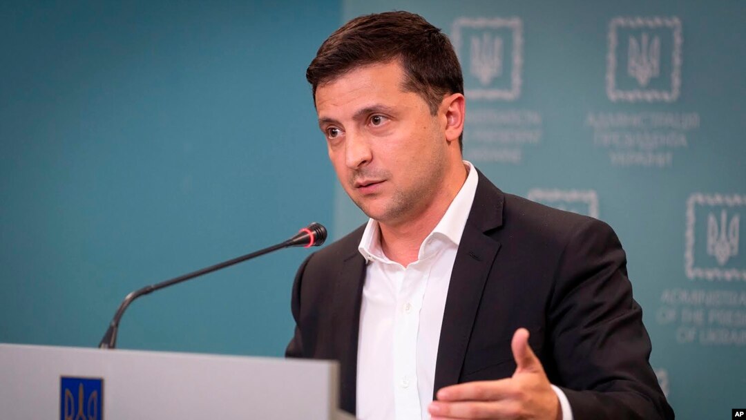 Ukrainian President Volodymyr Zelenskiy speaks to media during his press conference in Kyiv, Ukraine, Oct. 1, 2019. 