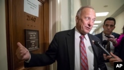 FILE - Rep. Steve King, Republican-Iowa, talks with a reporter on Capitol Hill in Washington, June 27, 2018. 