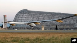 The Solar Impulse plane takes off on a multi-city trip across the United States from Moffett Field NASA Ames Research Center in Mountain View, California , May 3, 2013. 