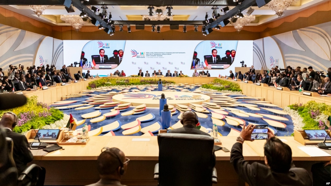 Indonesian President Joko Widodo delivers remarks as members of African delegations listen during the plenary session of the second Indonesia-Africa Forum in Nusa Dua, Bali, Indonesia, on Sept. 2, 2024.