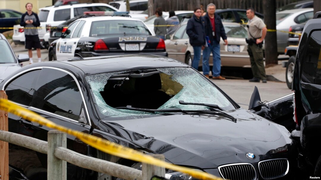 The vehicle of the alleged shooter is pictured at one of crime scenes after a series of drive-by shootings in the Isla Vista section of Santa Barbara May 24, 2014.