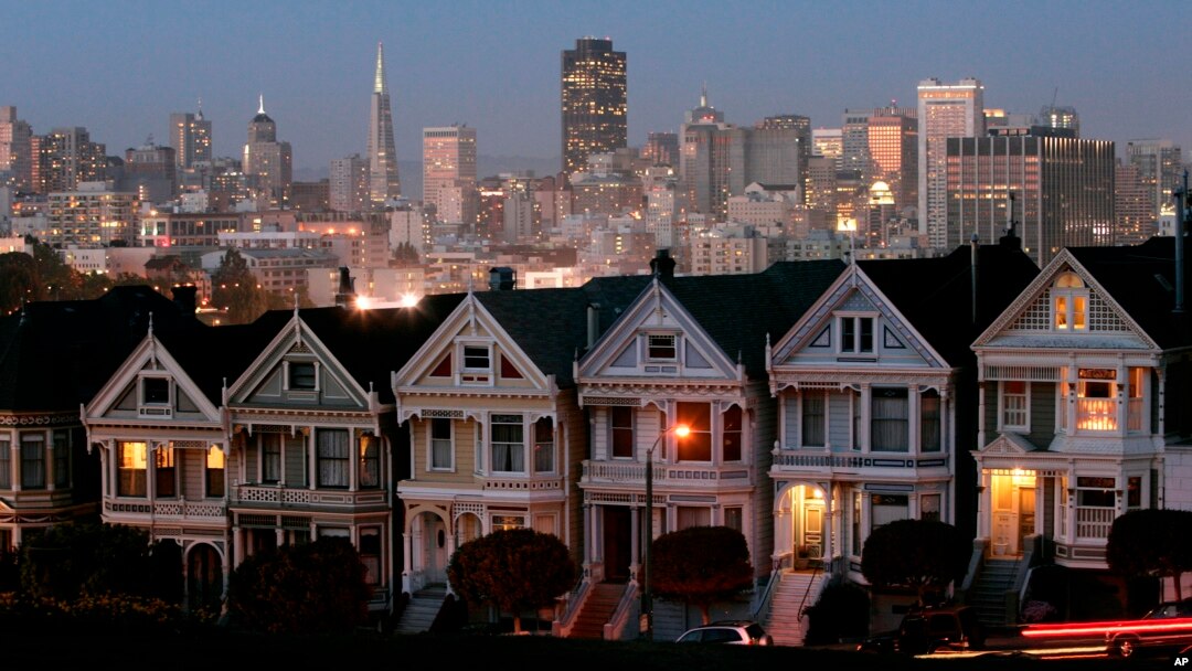 FILE - In this Monday, May 12, 2008 file photo, the "Painted Ladies," a row of historical Victorian homes, underscore the San Francisco skyline in a view from Alamo Square. San Francisco enjoys the benefits of tech fortunes, but its homes are largely unaffordable for most people. (AP Photo/Marcio Jose Sanchez)