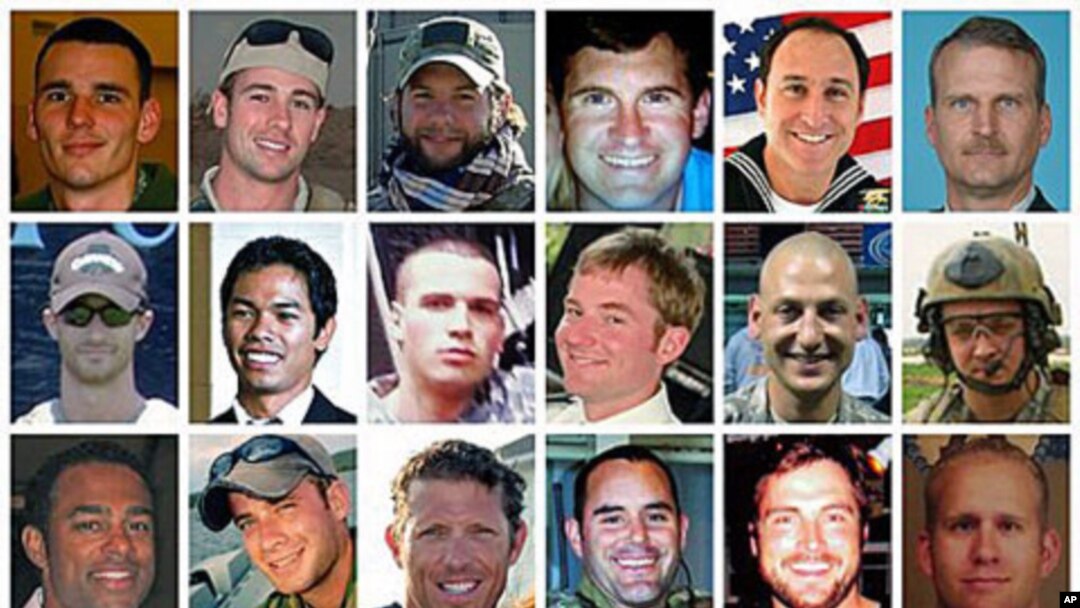 This composite photo shows the 30 troops killed in a helicopter downing in Afghanistan on Saturday, Aug. 6, 2011