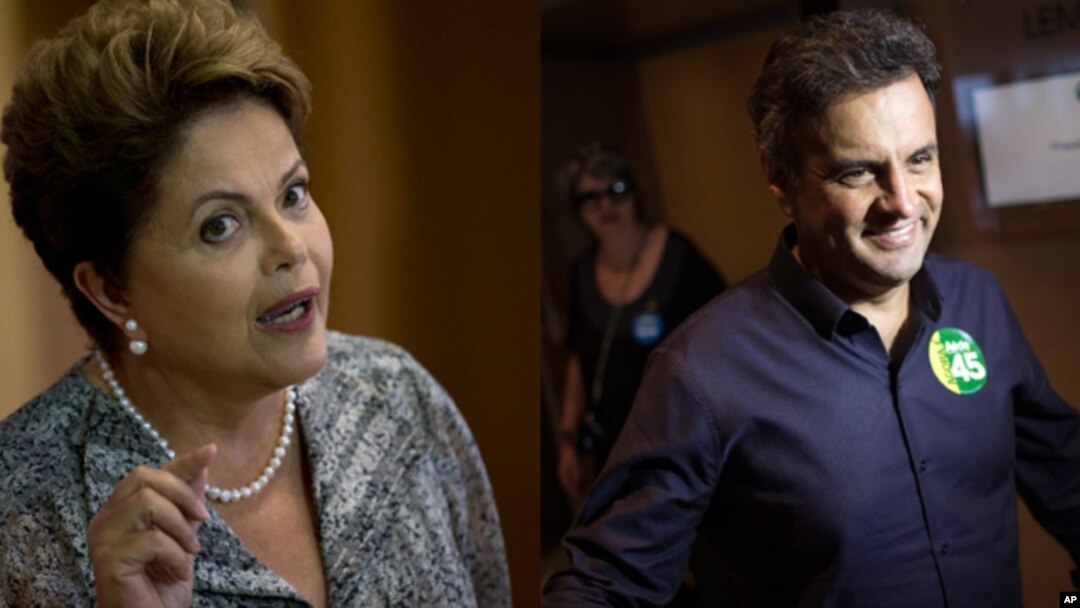Brazil's President Dilma Rousseff, presidential candidate for re-election, in Rio de Janeiro, Brazil, Oct. 23, 2014. Her opponent, Aecio Neves (right), in Rio de Janeiro, Oct. 24, 2014.