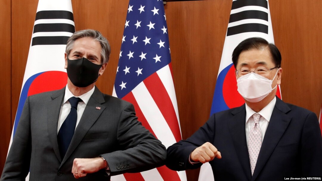 美國國務卿布林肯在首爾與南韓外長鄭義溶會晤。 （2021年3月17日）