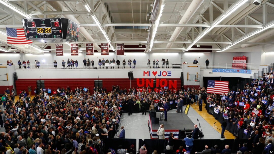 Democratic presidential candidate former Vice President Joe Biden speaks during a campaign rally at Renaissance High School in Detroit, March 9, 2020. 