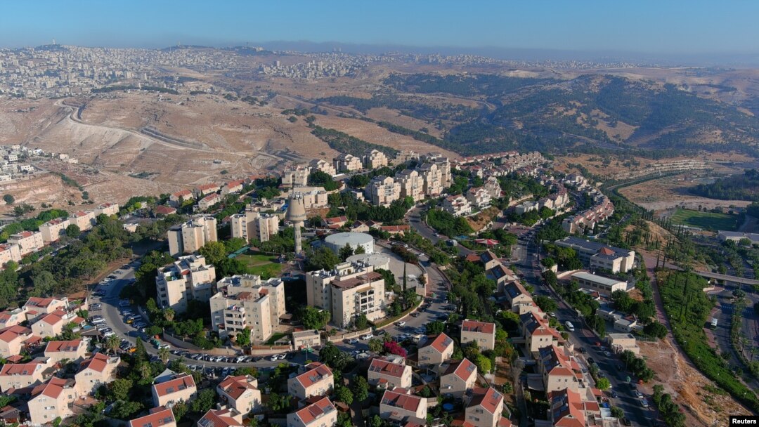 FILE - An aerial view shows the Jewish settlement of Maale Adumim in the Israeli-occupied West Bank, June 29, 2020. Picture taken with a drone.