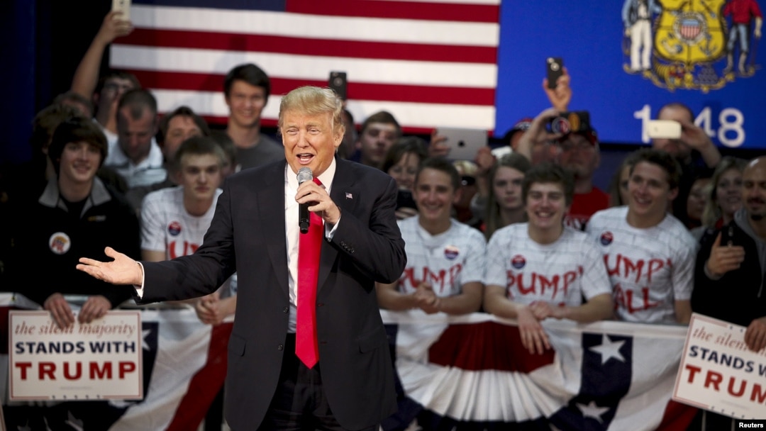 Republican U.S. presidential candidate Donald Trump delivers a speech at a campaign town hall event in Wausau, Wis., April 2, 2016.