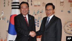 星期三南韓總統李明博(右)和日本首相野田佳彥在首爾會晤