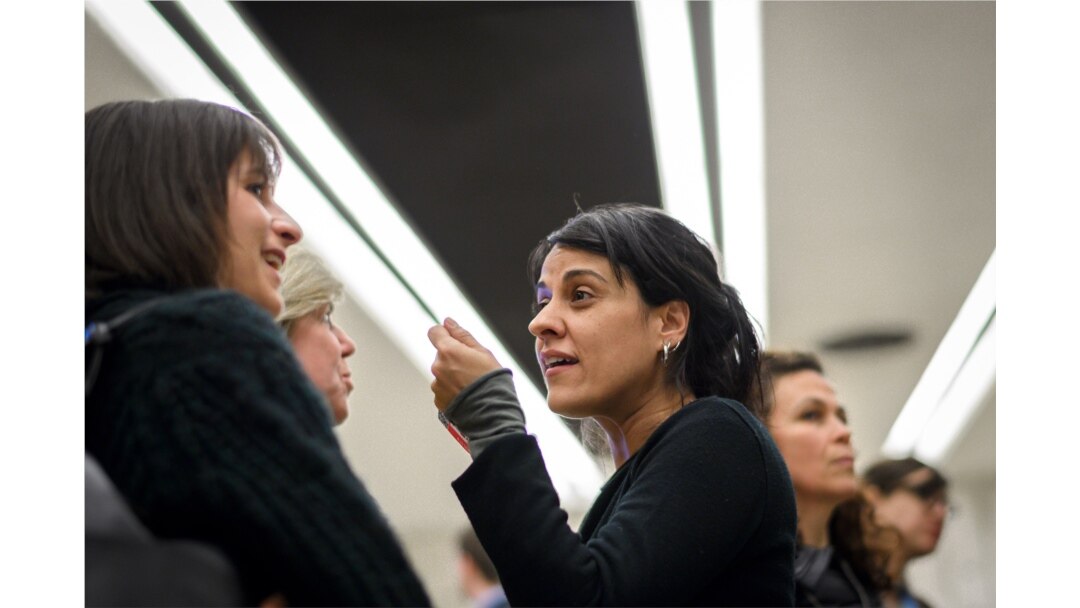FILE - Swiss exiled pro-independence former member of the Catalan parliament Anna Gabriel gestures after a side event of the United Nations Human Rights Council in Geneva, March 19, 2018.