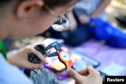 University of Havana professor Daniela Ventura takes beak measurements of a catbird, affixed with an identifying leg band, at Havana's Botanical Garden, in Havana, Cuba, February 9, 2024. (REUTERS/Norlys Perez)