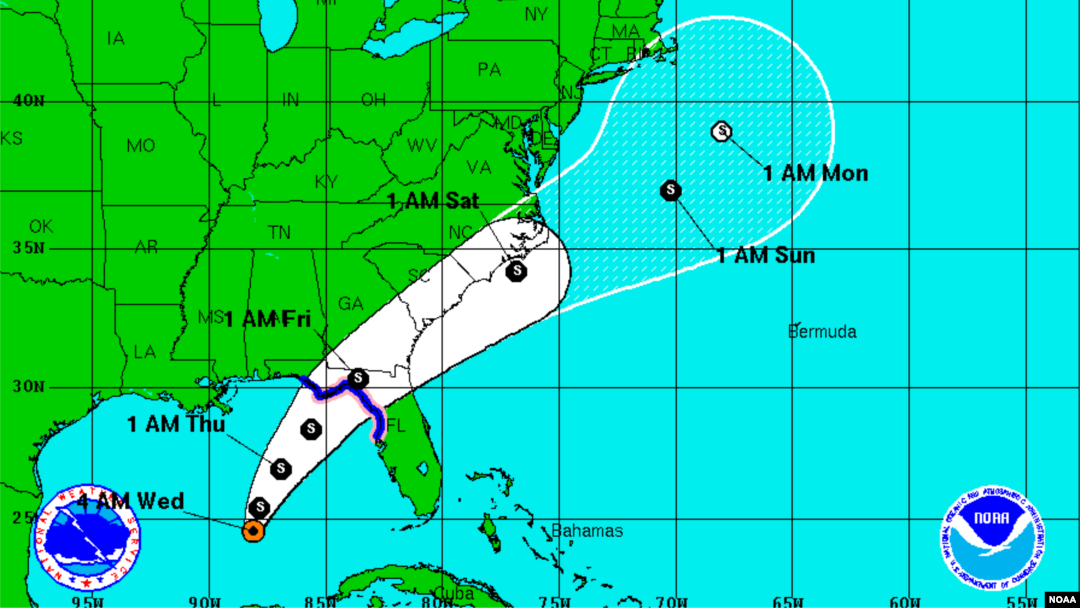 Trayectoria esperada de la depresión y tormenta tropical Hermine.