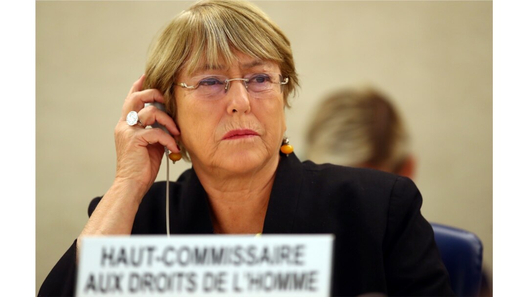 FILE - U.N. High Commissioner for Human Rights Michelle Bachelet attends a session of the Human Rights Council at the United Nations in Geneva, Switzerland, Sept. 9, 2019.